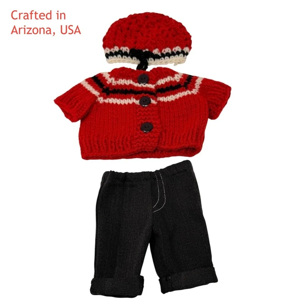Hand-Knit Doll Outfit: Red Sweater, Beanie, Denim Pants Fits 18